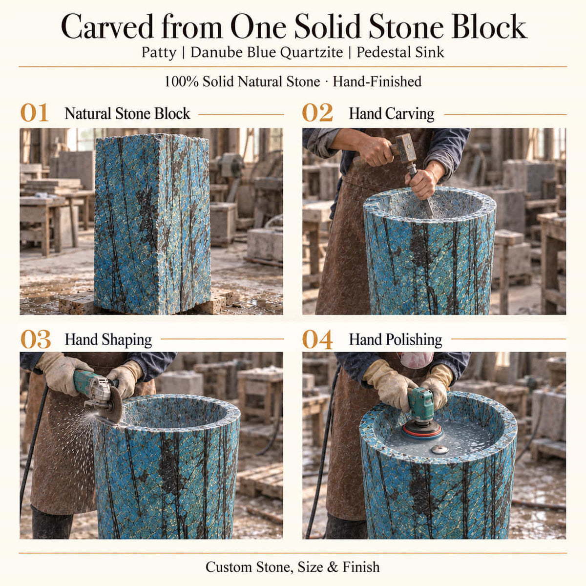 Patty Danube Blue Quartzite pedestal sink carved from one solid natural stone block with hand carving, shaping and polishing