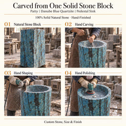 Patty Danube Blue Quartzite pedestal sink carved from one solid natural stone block with hand carving, shaping and polishing