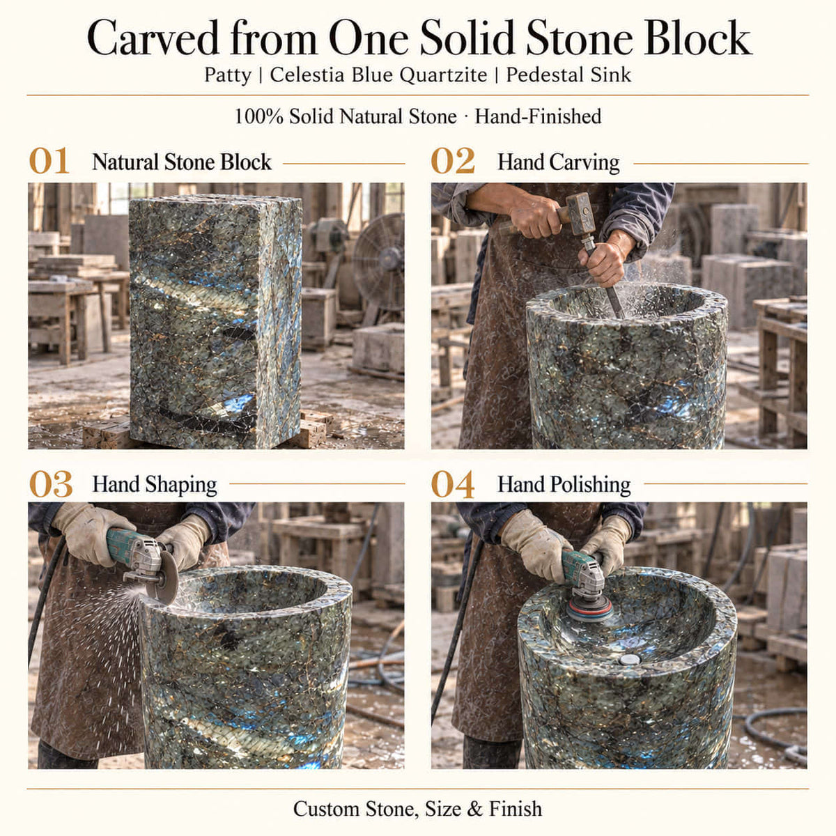Patty Celestia Blue Quartzite Pedestal Sink carved from one solid natural stone block with hand carving, shaping and polishing