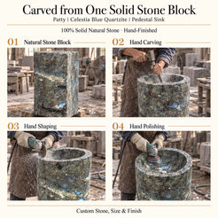 Patty Celestia Blue Quartzite Pedestal Sink carved from one solid natural stone block with hand carving, shaping and polishing