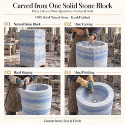 Patty Azura Blue Quartzite Pedestal Sink carved from one solid natural stone block with hand carving, shaping and polishing