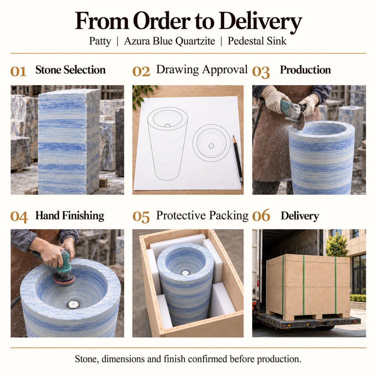 Patty Azura Blue Quartzite Pedestal Sink order process from stone selection and drawing approval to production, hand finishing, protective packing and delivery