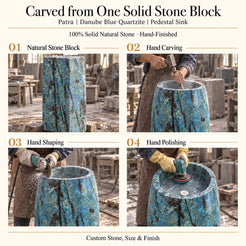 Patra Danube Blue Quartzite Pedestal Sink carved from one solid natural stone block with hand carving, shaping and polishing