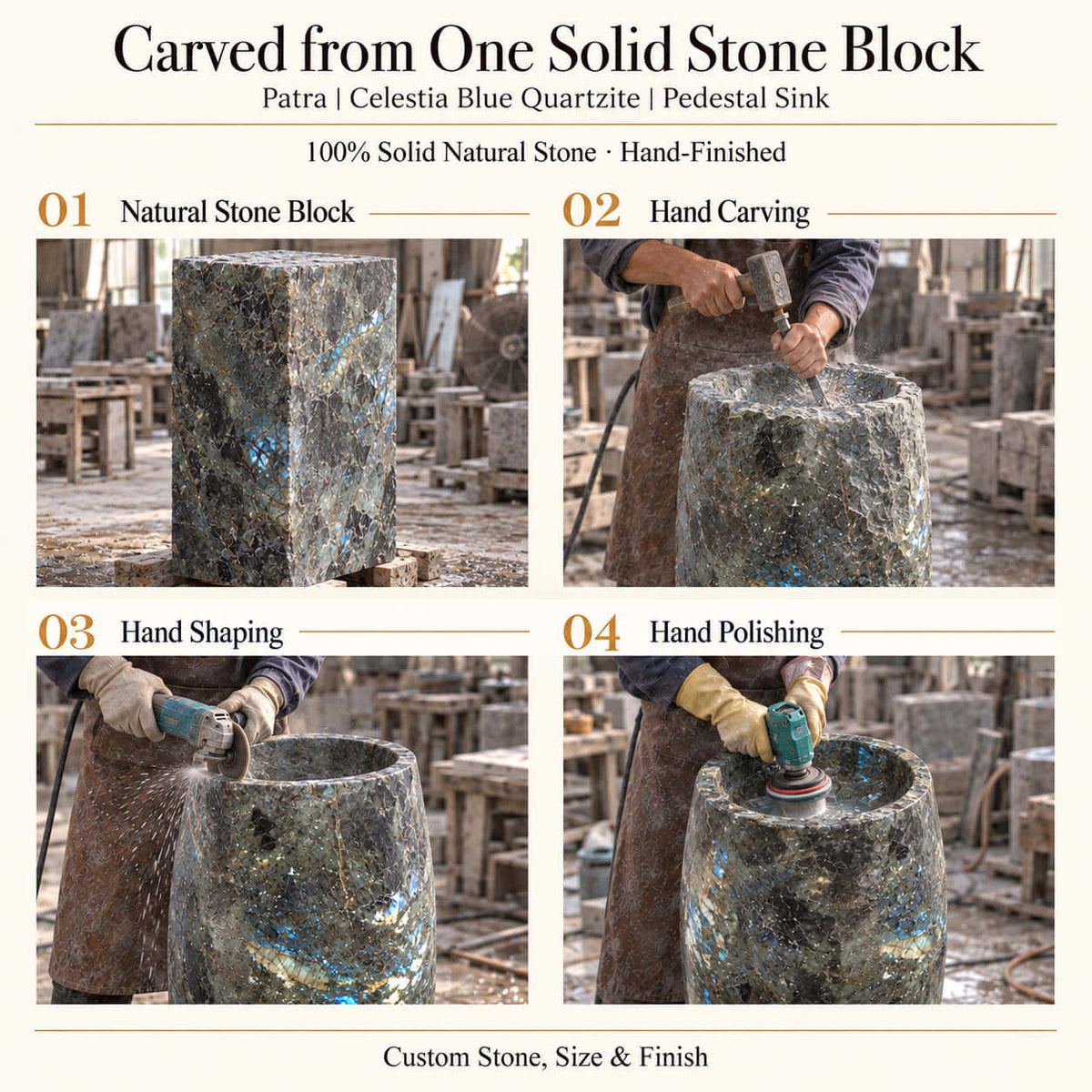 Patra Celestia Blue Quartzite Pedestal Sink carved from one solid natural stone block with hand carving, shaping and polishing