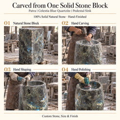 Patra Celestia Blue Quartzite Pedestal Sink carved from one solid natural stone block with hand carving, shaping and polishing