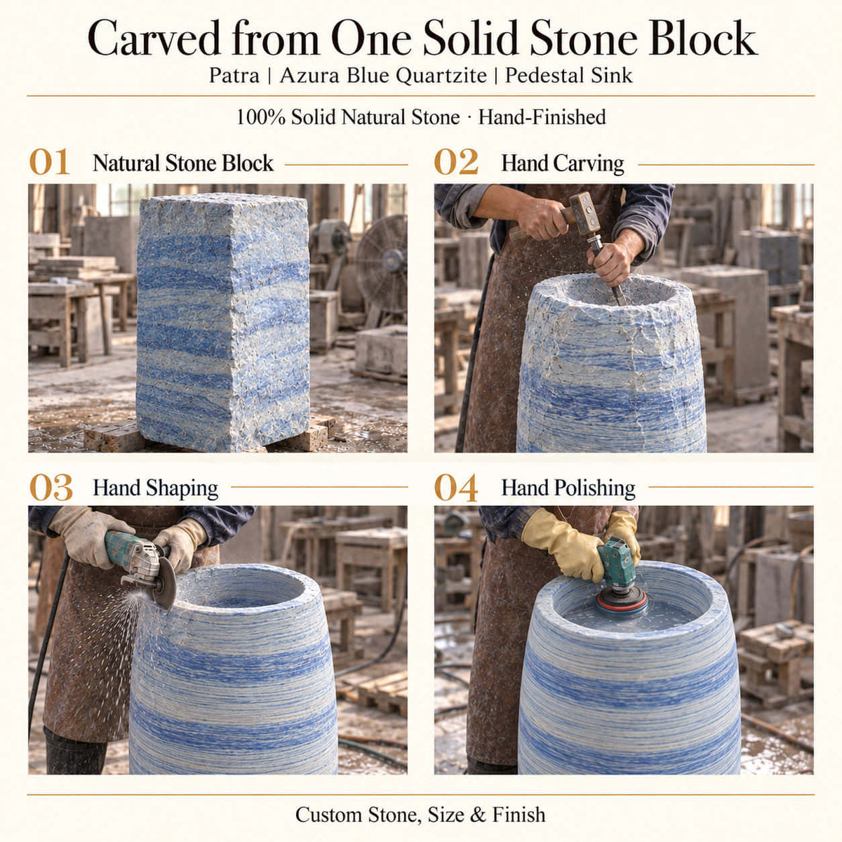 Patra Azura Blue Quartzite Pedestal Sink carved from one solid natural stone block with hand carving, shaping and polishing