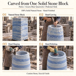 Patra Azura Blue Quartzite Pedestal Sink carved from one solid natural stone block with hand carving, shaping and polishing