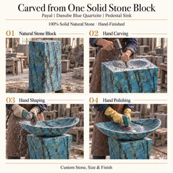 Payal Danube Blue Quartzite Pedestal Sink carved from one solid natural stone block with hand carving, shaping and polishing