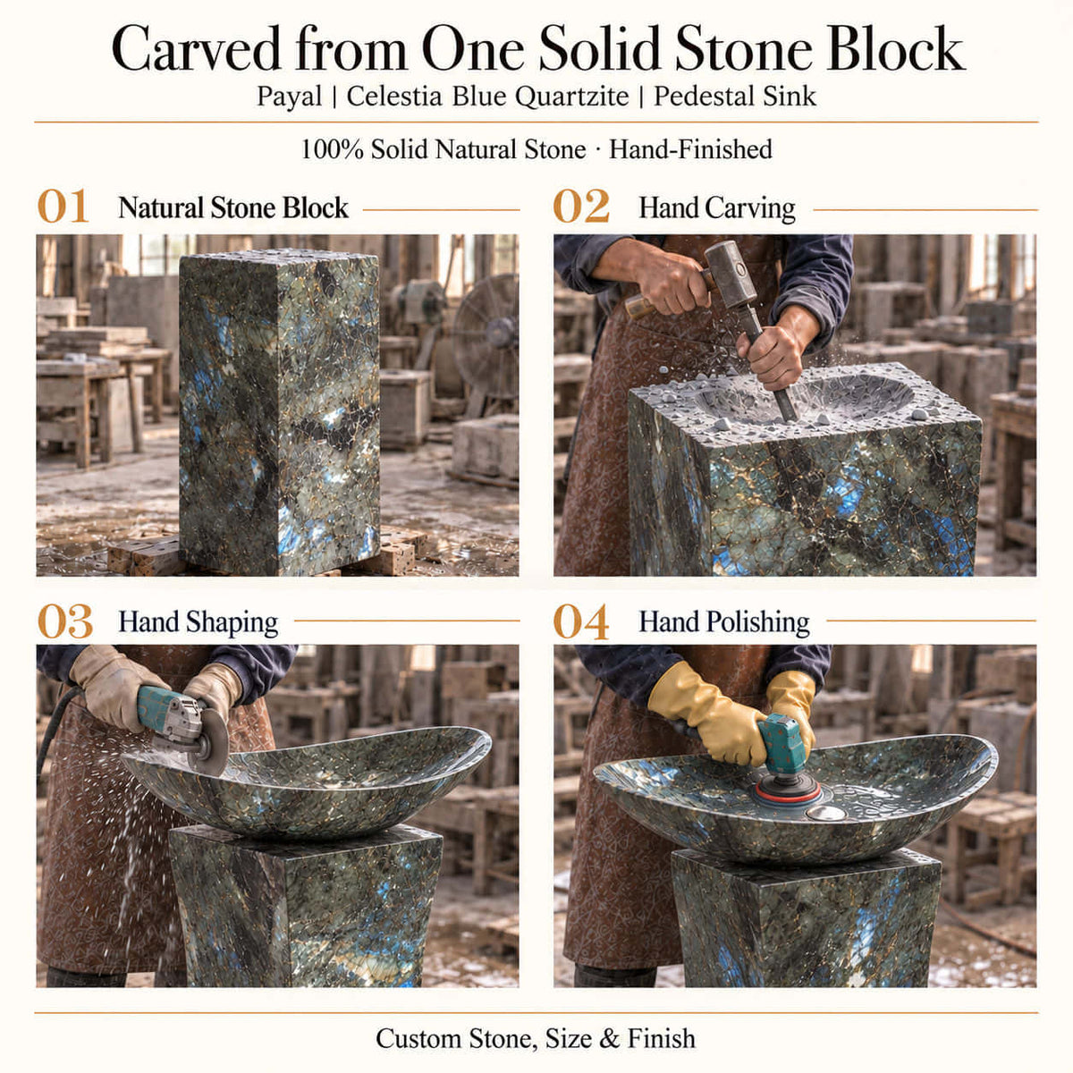 Payal Celestia Blue Quartzite Pedestal Sink carved from one solid natural stone block with hand carving, shaping and polishing