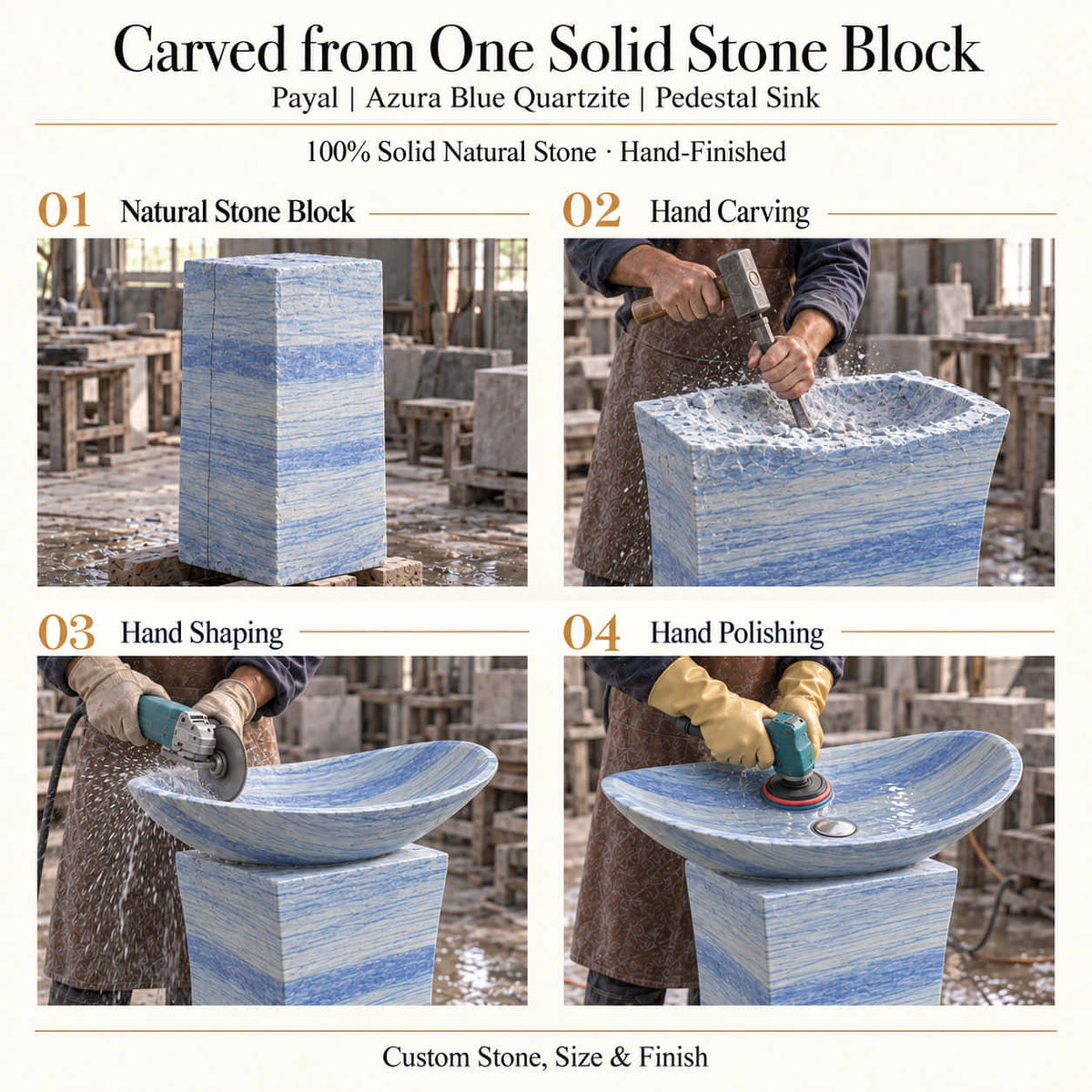 Payal Azura Blue Quartzite Pedestal Sink carved from one solid natural stone block with hand carving, shaping and polishing