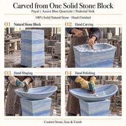 Payal Azura Blue Quartzite Pedestal Sink carved from one solid natural stone block with hand carving, shaping and polishing