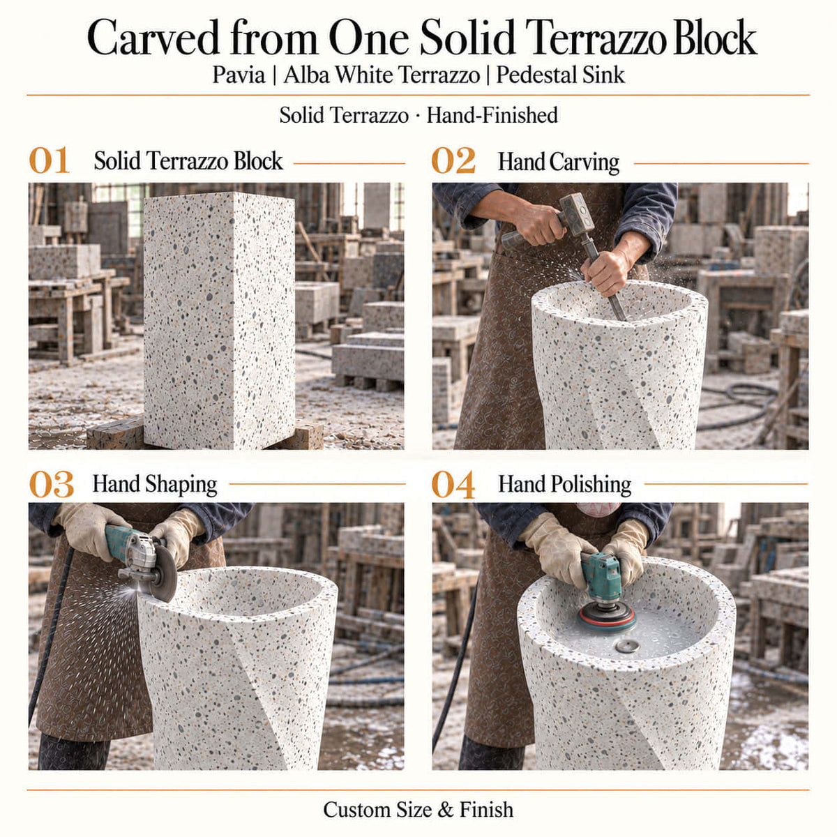 Pavia Alba White Terrazzo Pedestal Sink carved from one solid terrazzo block with hand carving, shaping and polishing
