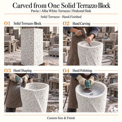 Pavia Alba White Terrazzo Pedestal Sink carved from one solid terrazzo block with hand carving, shaping and polishing