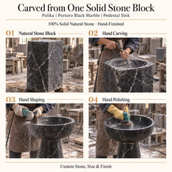 Polika Portoro Black Marble Pedestal Sink carved from one solid natural stone block with hand carving, shaping and polishing