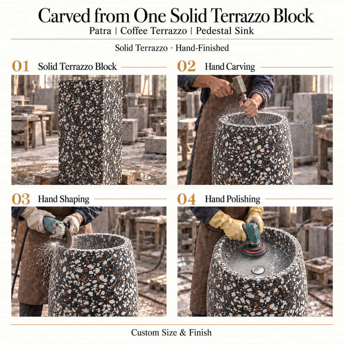 Patra Coffee Terrazzo Pedestal Sink carved from one solid terrazzo block with hand carving, shaping and polishing