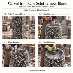 Patra Coffee Terrazzo Pedestal Sink carved from one solid terrazzo block with hand carving, shaping and polishing