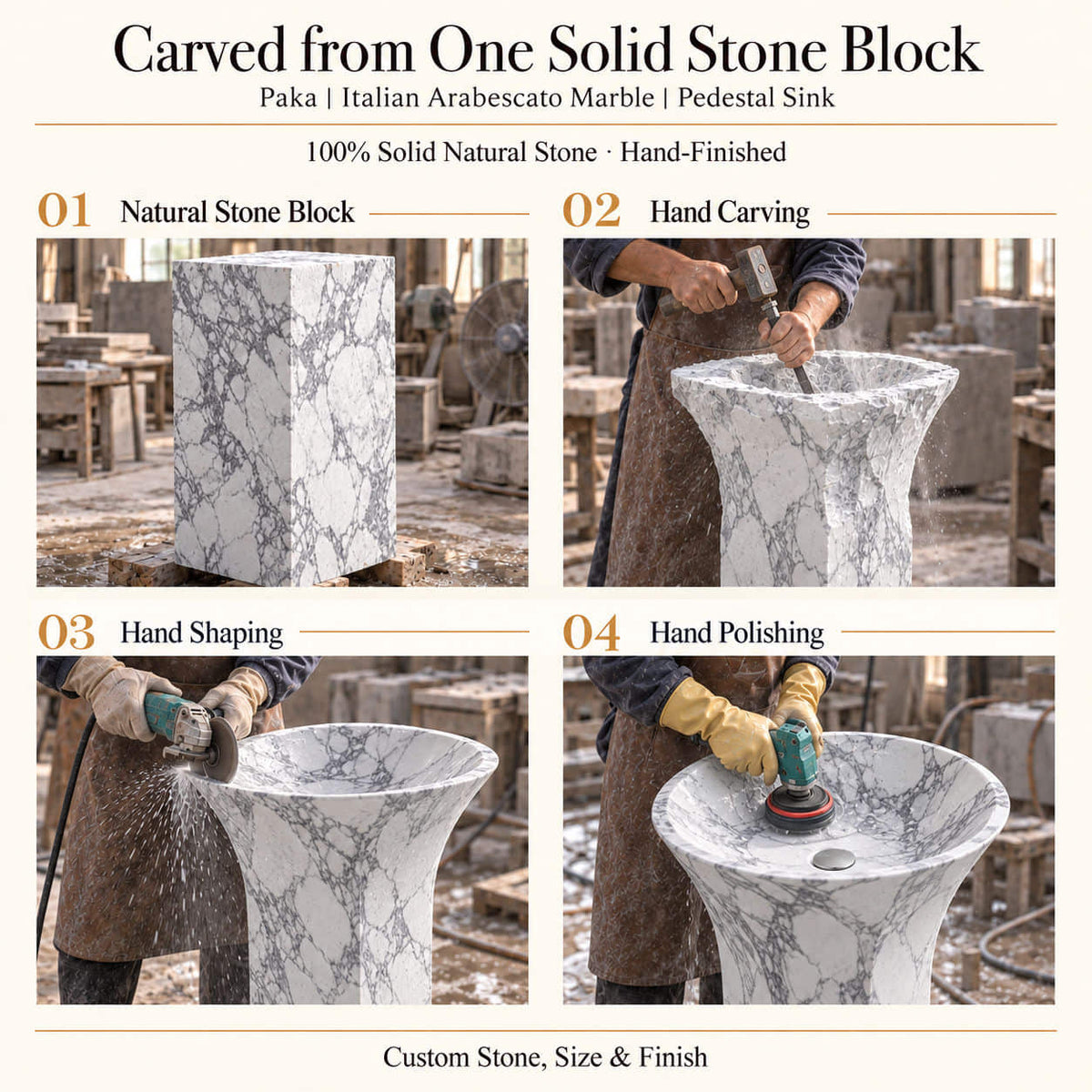 Paka Italian Arabescato Marble Pedestal Sink carved from one solid natural stone block with hand carving, shaping and polishing
