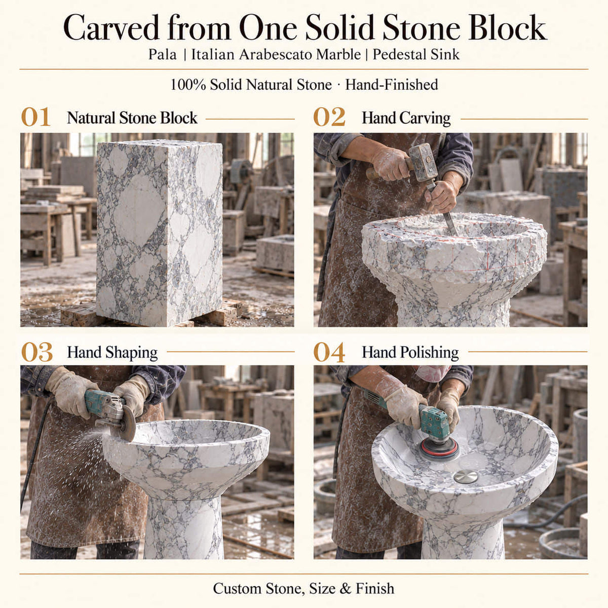 Pala Italian Arabescato Marble Pedestal Sink carved from one solid natural stone block with hand carving, shaping and polishing