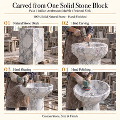 Pala Italian Arabescato Marble Pedestal Sink carved from one solid natural stone block with hand carving, shaping and polishing