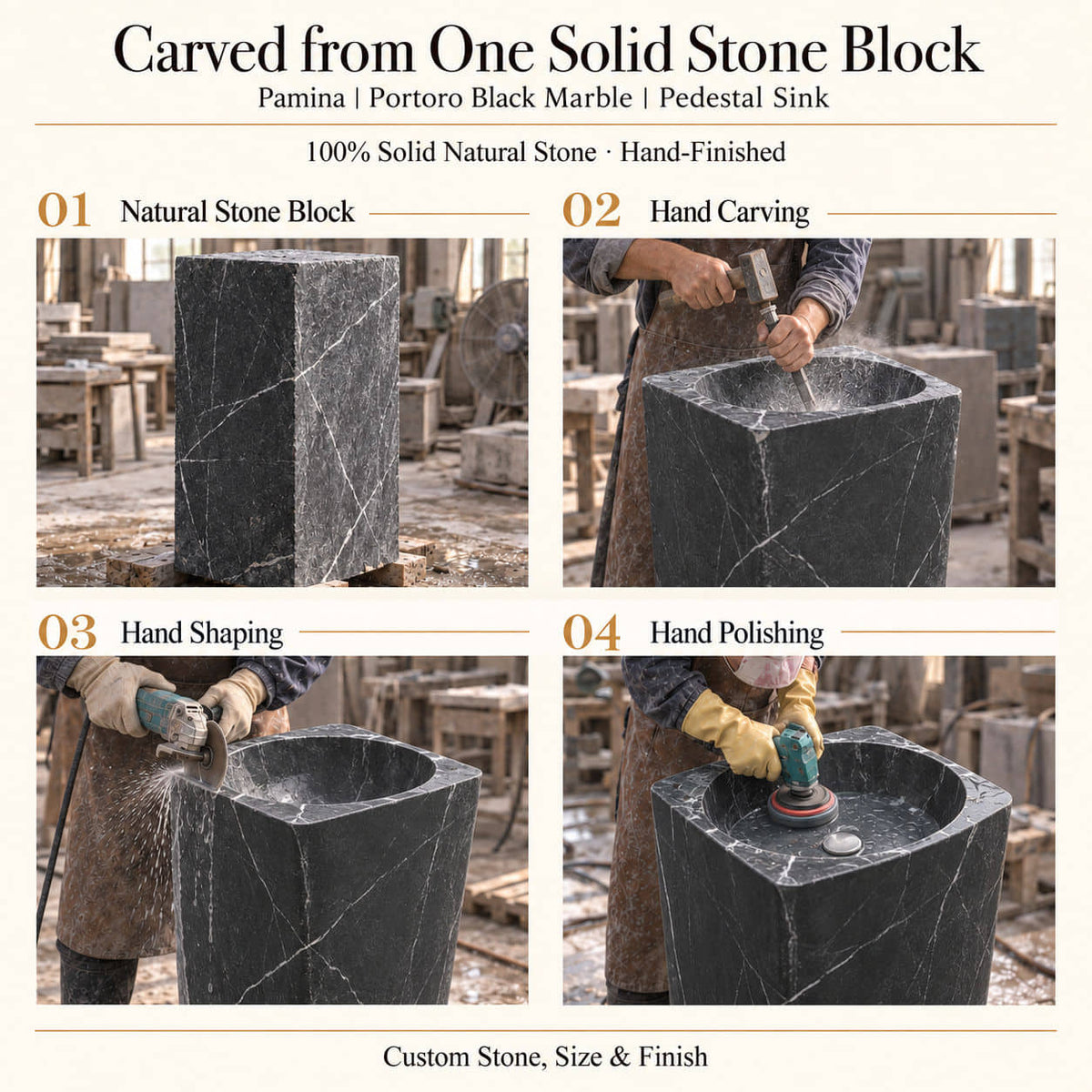 Pamina Portoro Black Marble Pedestal Sink carved from one solid natural stone block with hand carving, shaping and polishing