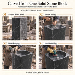 Pamina Portoro Black Marble Pedestal Sink carved from one solid natural stone block with hand carving, shaping and polishing