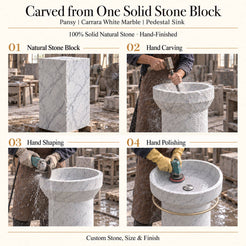 Pansy Carrara White Marble Pedestal Sink carved from one solid natural stone block with hand carving, shaping and polishing