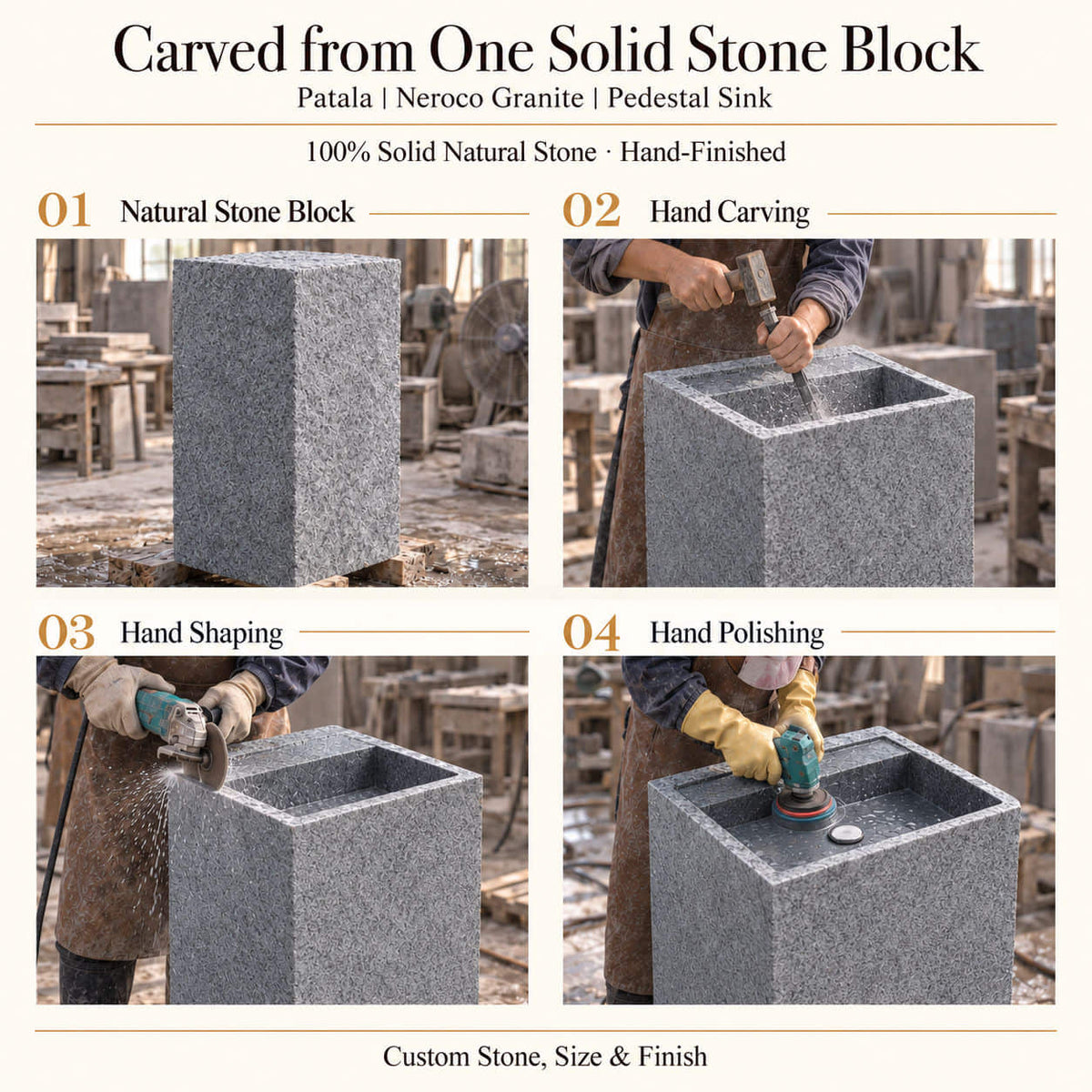 Patala Neroco Granite Pedestal Sink carved from one solid natural stone block with hand carving, shaping and polishing