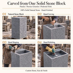 Patala Neroco Granite Pedestal Sink carved from one solid natural stone block with hand carving, shaping and polishing