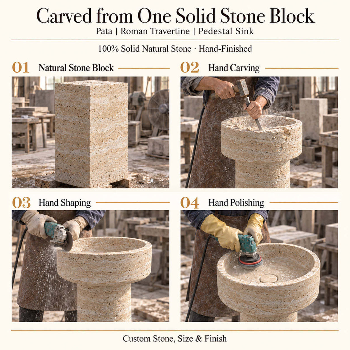 Pata Roman Travertine Pedestal Sink carved from one solid natural stone block with hand carving, shaping and polishing