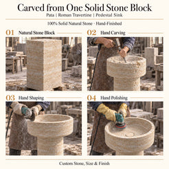 Pata Roman Travertine Pedestal Sink carved from one solid natural stone block with hand carving, shaping and polishing