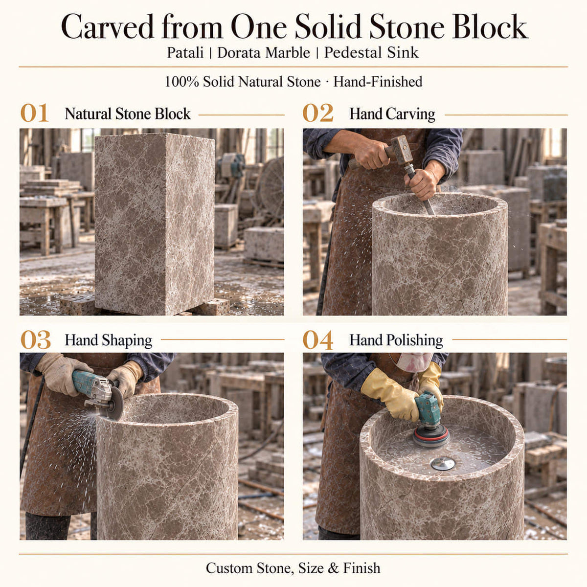 Patali Dorata Marble Pedestal Sink carved from one solid natural stone block with hand carving, shaping and polishing