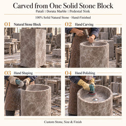 Patali Dorata Marble Pedestal Sink carved from one solid natural stone block with hand carving, shaping and polishing