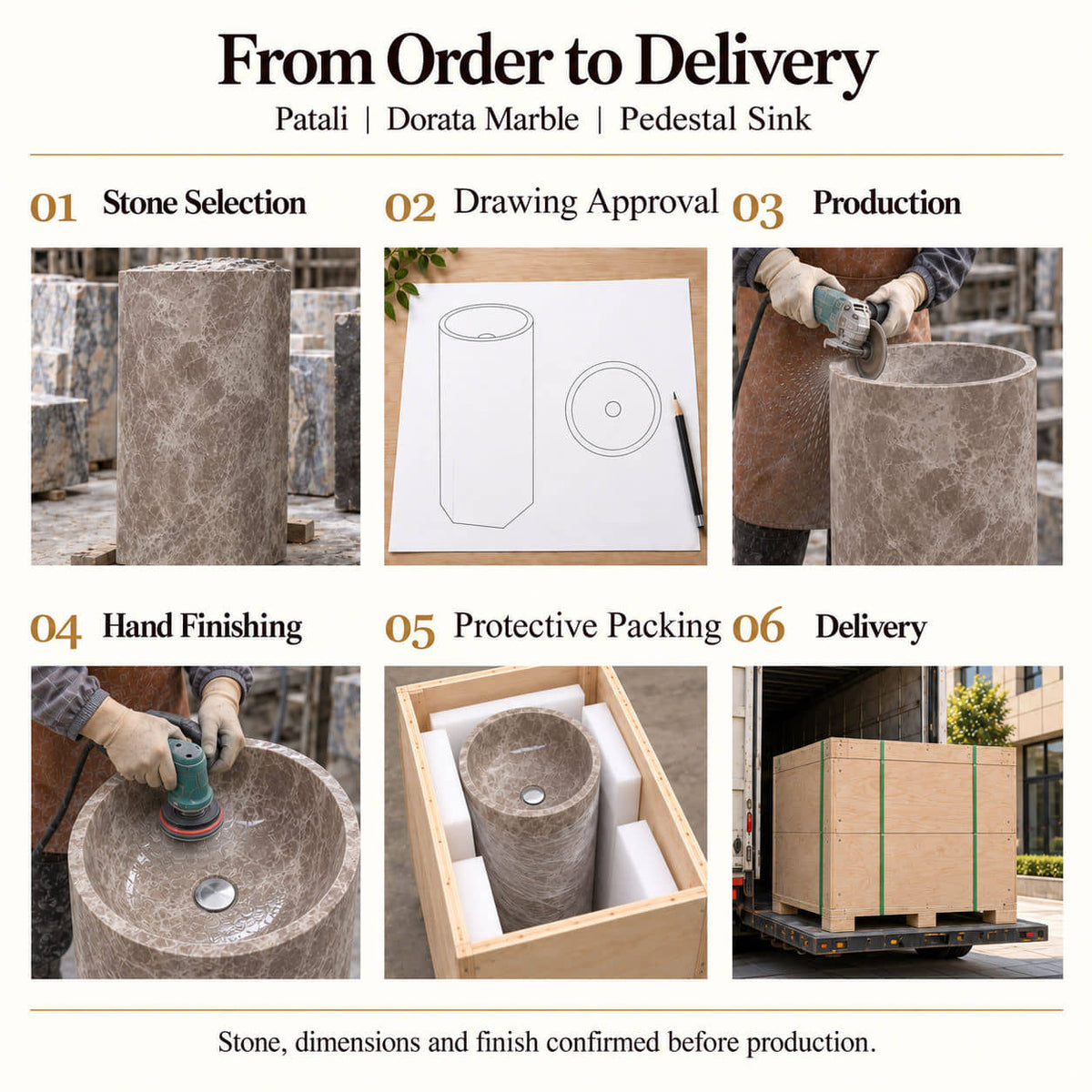 Patali Dorata Marble Pedestal Sink order process from stone selection and drawing approval to production, hand finishing, protective packing and delivery