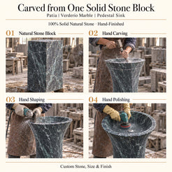 Patia Verderio Marble Pedestal Sink carved from one solid natural stone block with hand carving, shaping and polishing