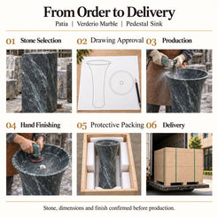 Patia Verderio Marble Pedestal Sink order process from stone selection and drawing approval to production, hand finishing, protective packing and delivery
