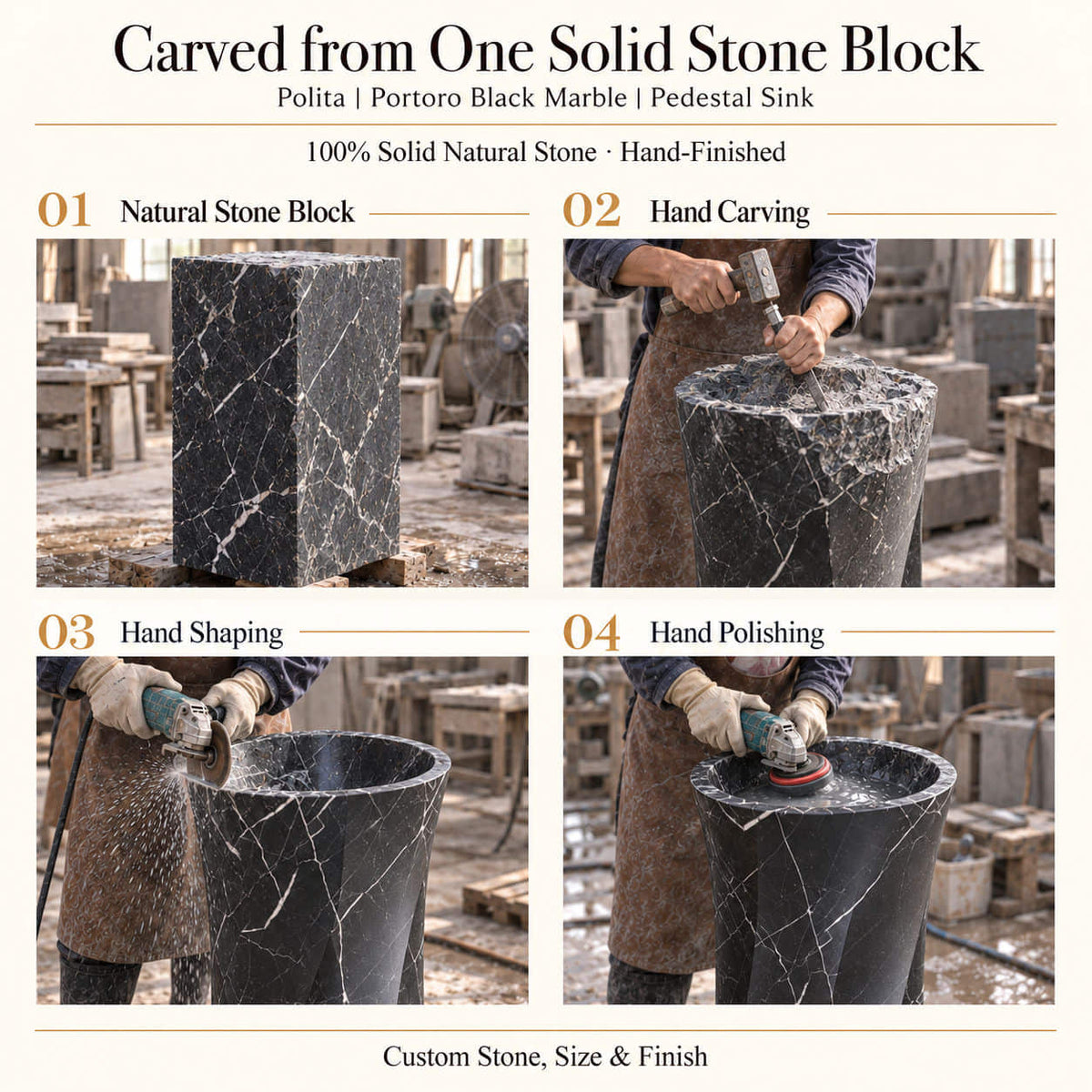 Polita Portoro Black Marble Pedestal Sink carved from one solid natural stone block with hand carving, shaping and polishing