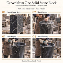 Polita Portoro Black Marble Pedestal Sink carved from one solid natural stone block with hand carving, shaping and polishing