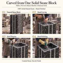 Pablo Portoro Black Marble Pedestal Sink carved from one solid natural stone block with hand carving, shaping and polishing