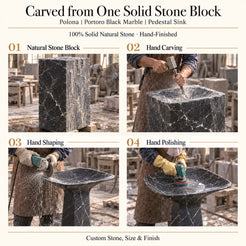 Polona Portoro Black Marble Pedestal Sink carved from one solid natural stone block with hand carving, shaping and polishing