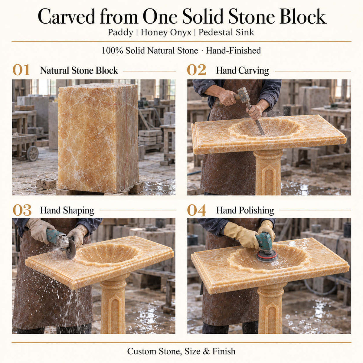 Paddy Honey Onyx Pedestal Sink carved from one solid natural stone block with hand carving, shaping and polishing