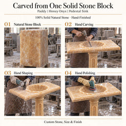 Paddy Honey Onyx Pedestal Sink carved from one solid natural stone block with hand carving, shaping and polishing
