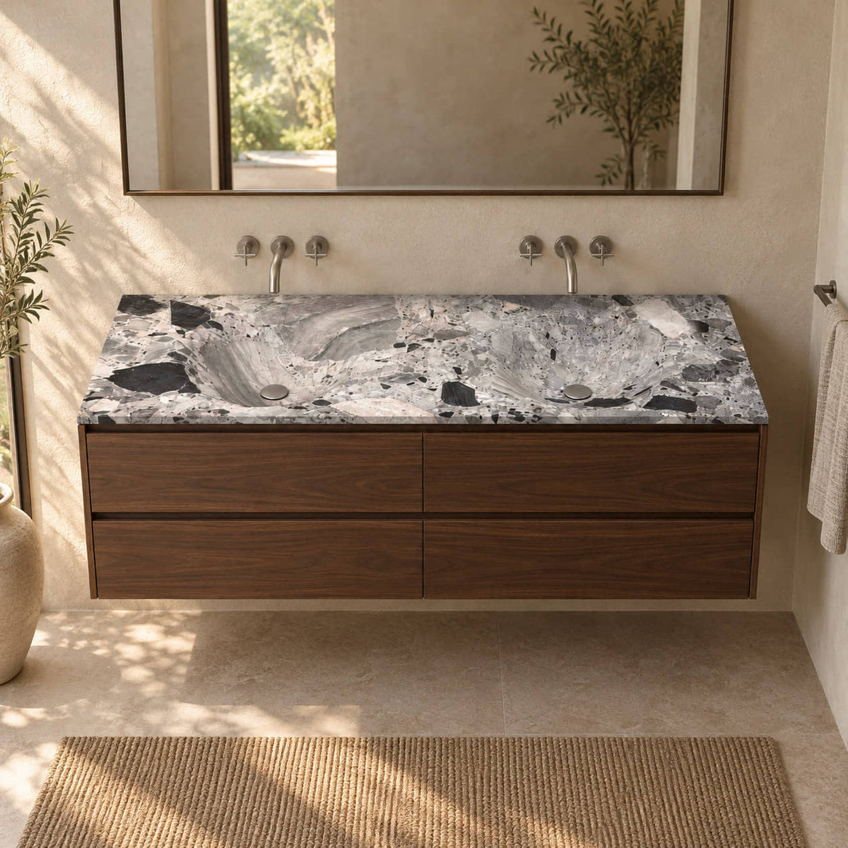 Taimi Carnico Marble Integrated Basin in a walnut bathroom, showing the complete double basin and natural grey and charcoal marble