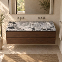 Taimi Carnico Marble Integrated Basin in a walnut bathroom, showing the complete double basin and natural grey and charcoal marble