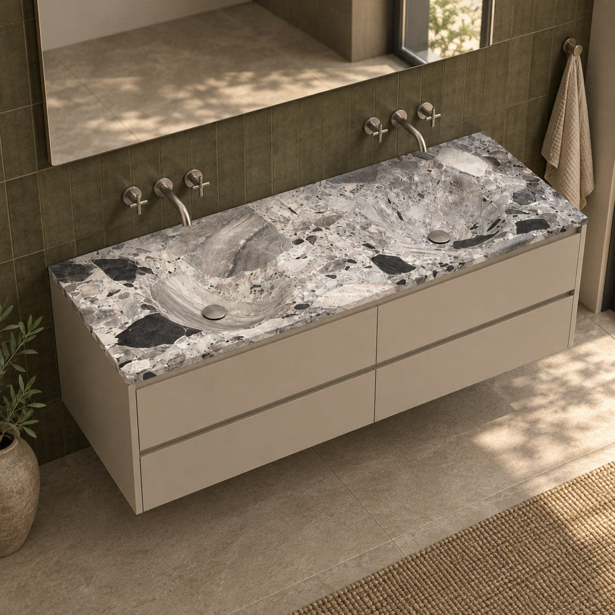 Taimi Carnico Marble Integrated Basin in an olive-tiled bathroom, viewed from above with both basins and the complete marble top visible
