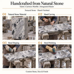 Taimi Carnico Marble Integrated Basin craftsmanship showing natural stone material, hand carving, hand shaping and hand polishing of the double basin top