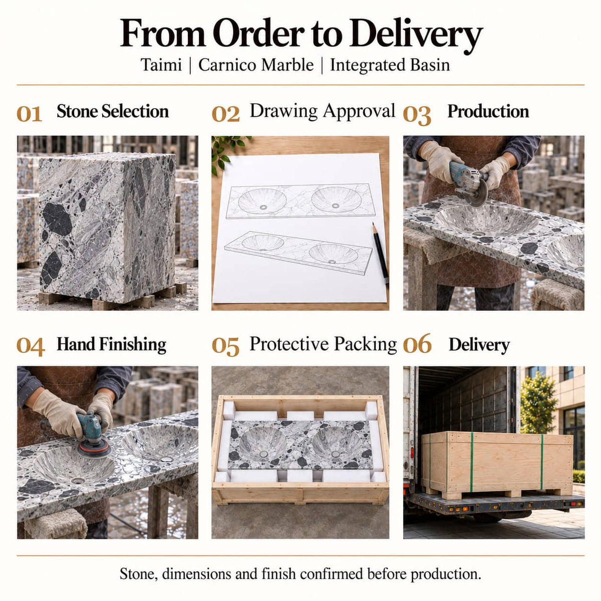 Taimi Carnico Marble Integrated Basin from stone selection and drawing approval to production, hand finishing, fitted foam packing and delivery