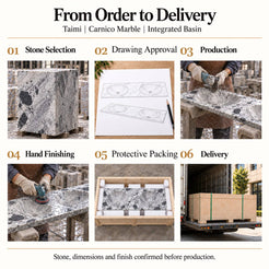 Taimi Carnico Marble Integrated Basin from stone selection and drawing approval to production, hand finishing, fitted foam packing and delivery