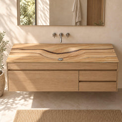 Taini Natural Sandstone Integrated Basin in a warm oak bathroom, showing the complete single sculpted basin and flowing sandstone bands