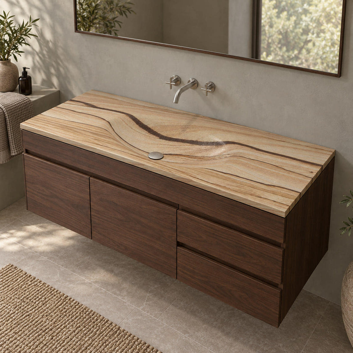 Taini Natural Sandstone Integrated Basin on a walnut vanity, viewed from an elevated bathroom angle with the entire stone top visible