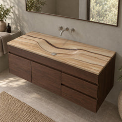 Taini Natural Sandstone Integrated Basin on a walnut vanity, viewed from an elevated bathroom angle with the entire stone top visible